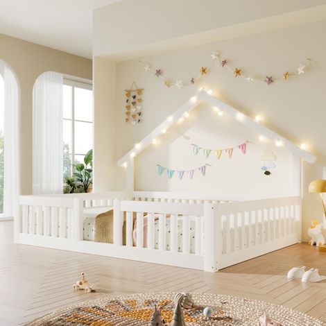 Cama cabaña 140x200 cm de madera blanca con LED y barrera infantil, sin colchón – MEUBLIV (1/5)