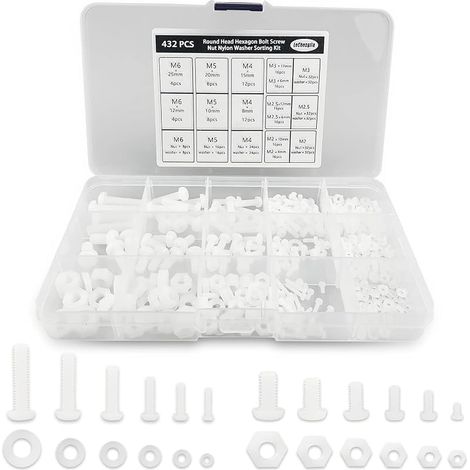 432Pièces Vis Boulons et Ecrous et Rondelles à Tête Cylindrique Nylon BlancAssortiment de Vis Boulons et écrous et Rondelles à Tête Hexagonale Ronde à Filetage - M2/M2.5/M3/M4/M5/M6-Tête cylindrique (1/5)