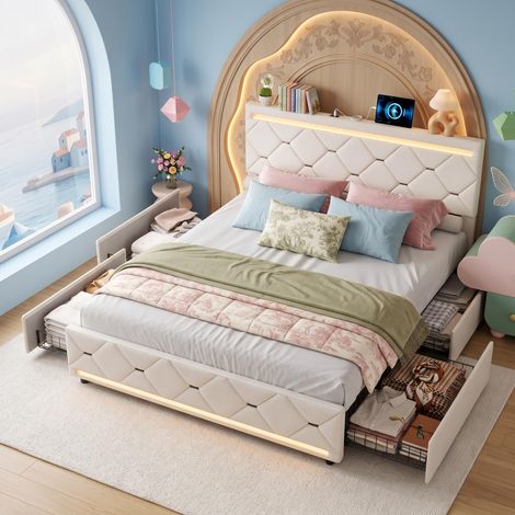 Lit 140x190 cm avec tiroirs, velours, lit double avec 4 tiroirs, bande LED intégrée et ports USB, décoration diamant, sommier à lattes, design, Beige (1/5)