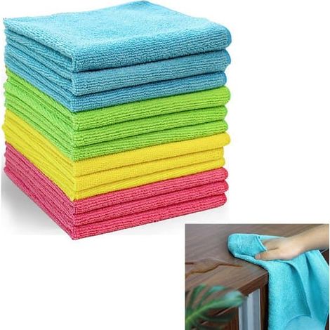 Lot de 12 chiffons de nettoyage en microfibre, non pelucheux, sans traces, absorbants et réutilisables pour les plans de travail, la vaisselle, les sols et le carrelage - Vert, Bleu, Jaune, Rose (1/5)