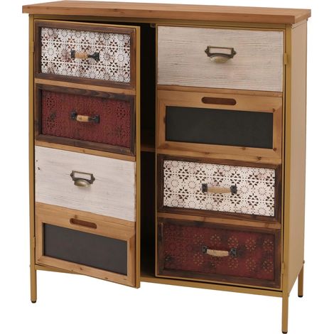 Commode style apothicaire buffet meuble de rangement avec portes style vintage shabby 94 x 80 x 35 cm façades décoratives aux motifs colorés rouge bleu 040009127