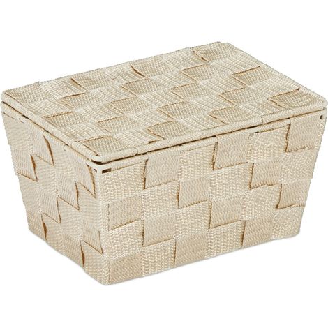 Cesto portaoggetti con coperchio piccola cassetta decorativa 10,5 x 19,5 x 14,5 cm in plastica beige 130009489