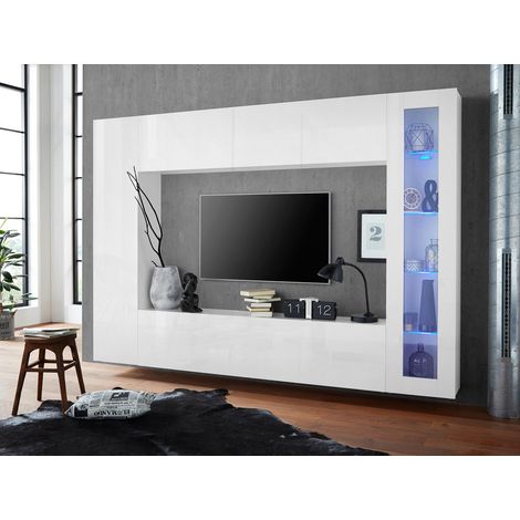 Banc TV moderne 260 cm blanc laqué brillant Maroussia (1/5)