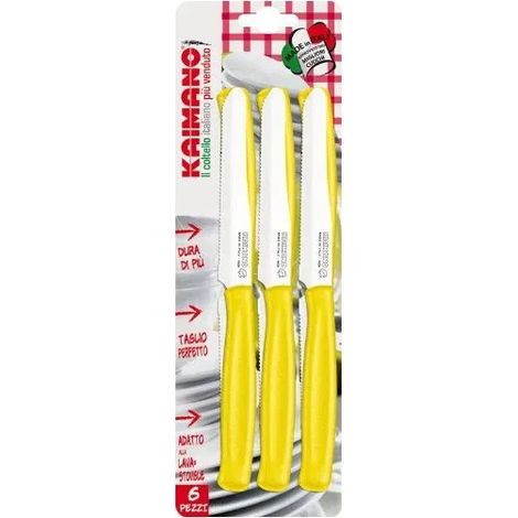Coltelli da tavola kaimano 6pz lama liscia+dentata punta tonda plastica marrone colore: giallo