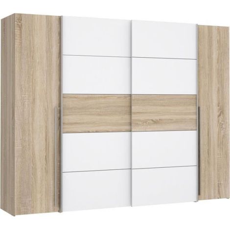 Armoire NARAGO – Chêne sonoma et blanc mat – 2 portes coulissantes et 2 portes battantes – L270 x P61 x H210 cm – 2 tringles et 6 tablettes (1/5)