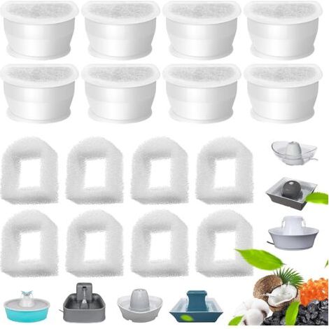 QORVA-Filtre Fontaine Eau Chat, 8 Filtres Au Charbon De Remplacement+8 Filtre en Mousse de Rechange pour Fontaines PetSafe Drinkwell Avalon, Pagode