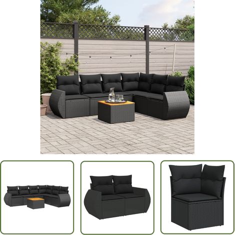 The Living Store Salon de jardin 7 pcs avec coussins noir résine tressée - Ensemble Salon De Jardin - Meuble De Jardin - Canapé Extérieur - Fauteuil Jardin - Table Basse Jardin (1/5)