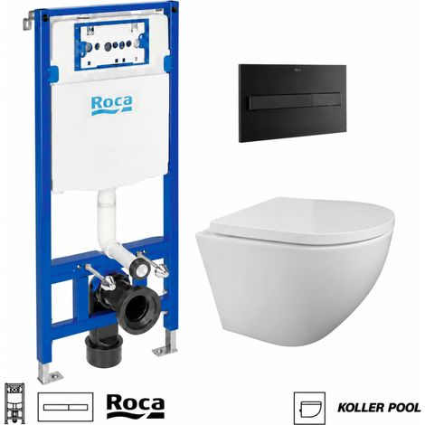 Pack WC Bastidor empotrado ROCA Duplo cisterna y pulsador PL7 dual negro con inodoro suspendido Koller Pool Round Smart blanco Tornado 3.0 (1/5)