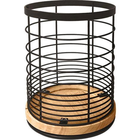 Porte-ustensiles de cuisine - Support à ustensiles - Base pivotante en bois - Panier de cuisine multifonctionnel - Panier de rangement pour plan de travail - 13,5 x 13,5 x 18,6 cm - Noir - Métal (1/4)