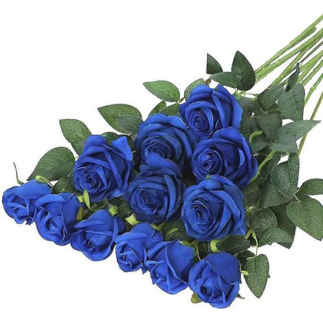 Bouquet de 12 roses artificielles en soie réalistes à longues tiges pour décoration de maison, mariage et fête (bleu) (1/5)