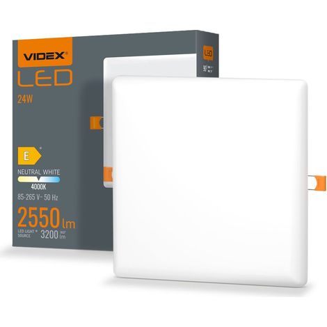 Apparecchio di illuminazione a incasso quadrato bianco senza cornice, 17,5 cm, IP54, LED integrato, 24W, DownLight, Videx, 4000K, 3200lm