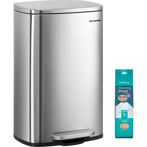 Poubelle Cuisine 50 L, Poubelle Bureau, Fermeture en Douceur, avec Pédale, en Acier, Seau Intérieur, Argent LTB050E01 (1/5)