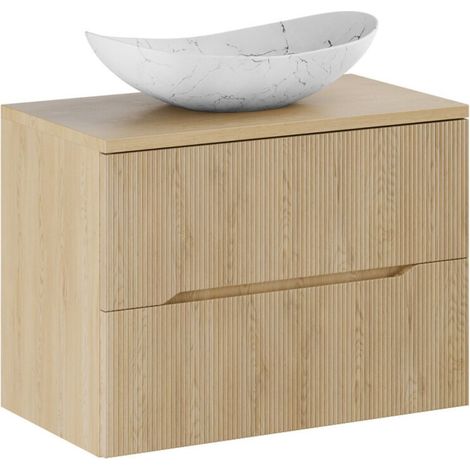 Badezimmer-Set NATURA 80cm: Unterschrank + Platte für Aufsatzwaschbecken + asymmetrisches Aufsatzwaschbecken in marmoriertem Weiß