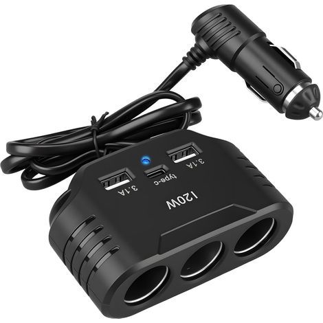 x 120-W-Auto-Zigarettenanzünderadapter, 3 Anschlüsse (2 USB-A, 1 USB-C), LED, 12 V/24 V, für Auto/Wohnmobil (1/5)