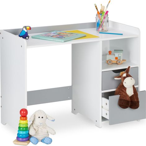 Relaxdays – Bureau enfant blanc et gris – Dimensions H 60 x L 80 x P 38 cm – 2 tiroirs et compartiment ouvert – Pour enfants de 4 à 9 ans