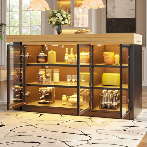 Mesa extensible con mueble de almacenaje, giratoria 360°, MDF y vidrio, negra OKMYHOME (1/5)