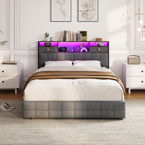 Doppelbett 140x200 cm mit 4 Schubladen, Polsterbett mit LED-Beleuchtung und USB Ladeanschluss, Jugendbett mit Stauraum Kopfteil und Lattenrost, Ohne Matratze, Grau