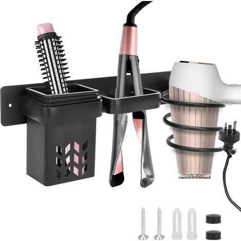 Support pour sèche-cheveux, support multifonctionnel noir avec porte-prise et étagère, support mural pour sèche-cheveux, idéal pour les hôtels, salles de bains, salons de coiffure. (1/5)