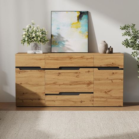 Buffet 160x40x80cm - 2 portes et 4 tiroirs - iroirs larges sans poignées - bois et noir (1/5)