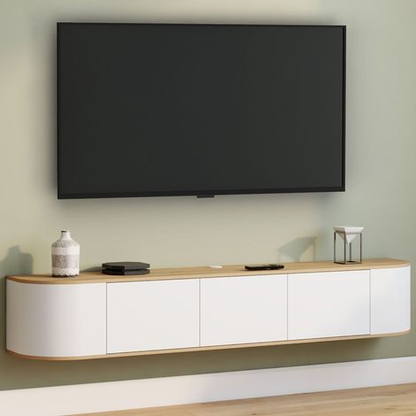 Mueble TV suspendido LEORA 180 cm 3 puertas madera y blanco (1/5)