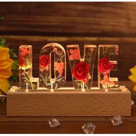 Lampe Veilleuse LED en forme de LOVE avec rose Eternelle en verre acrylique, idéal pour un cadeau Saint valentin,fete des mères...