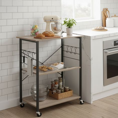Chariot de cuisine à 3 niveaux, étagère pour micro-ondes et four, avec roulettes et 6 crochets, en acier et Panneaux de particules, ivoire clair (1/4)