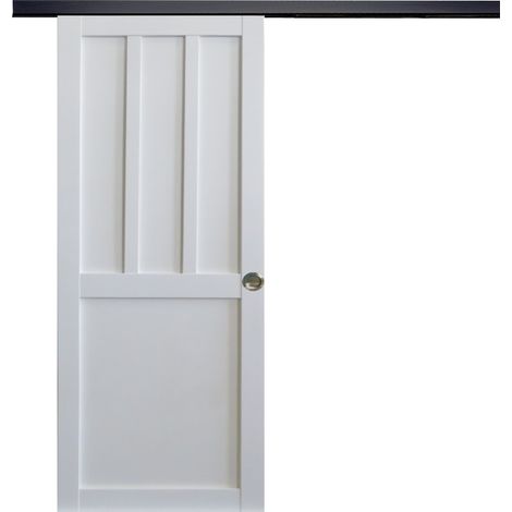 Porta scorrevole Officina 2 pannelli bianchi, larghezza 83 +binario in alluminio nero + 2 gusci installati (1/5)