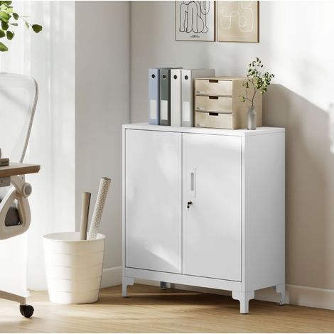 Mobile ufficio 94x52.5x22 cm, ante chiudibili, 2 ripiani, metallo bianco (1/5)