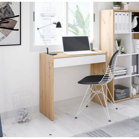 Dmora Escritorio Fresno, Escritorio lineal con cajón, Mesa de estudio u oficina para PC, cm 82x40h77, Roble anudado y Blanco, con embalaje reforzado (1/5)