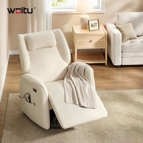 WOLTU Poltrona Sedia Massaggiante Reclinabile Elettrica Ciniglia, con Poggiatesta, Riscaldamento, Dondolo, Poggiatesta, Tasche, Laterali, Porta USB e Type-C, Beige (1/5)