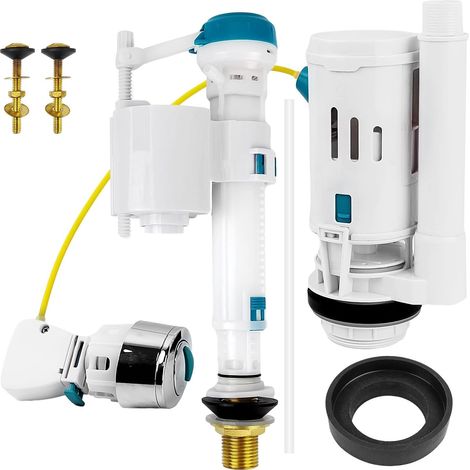 Kit de remplacement du système de rinçage de toilette de 4 pièces, 1 vanne de drain - 1 vanne d'entrée d'eau - 2 vis en cuivre, remplacement de rinçage de cisterne à hauteur réglable