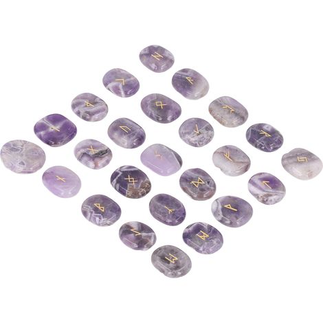 Ensemble de 25 pierres runiques naturelles, polies et sculptées avec soin, pour la divination, l'harmonisation des chakras et l'améthyste. (1/5)