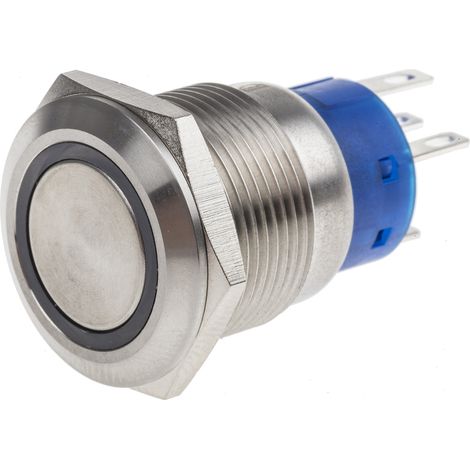 Bouton-poussoir, Momentané lumineux, LED Jaune, Unipolaire à deux directions (1RT), 5 A, Argent, Montage panneau 24V ( Prix pour 1 ) (1/2)