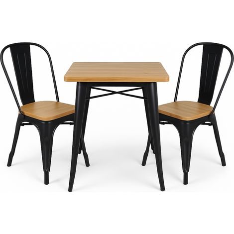 Ensemble Table et Chaises Style Industriel, Métal Noir Mat et Bois Naturel Clair, 60x60cm - Design Factory (1/3)