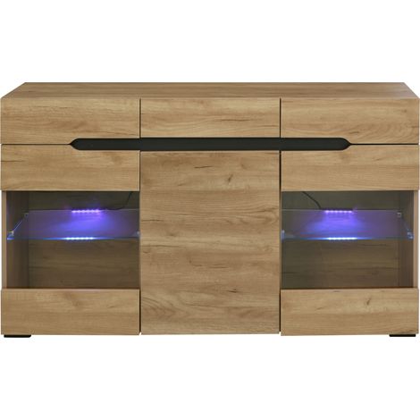 LED-Wohnzimmervitrine Eiche 140 x 35 x 80 cm mit Acryl-Türen und Stauraumfächern MODENUIT (1/5)