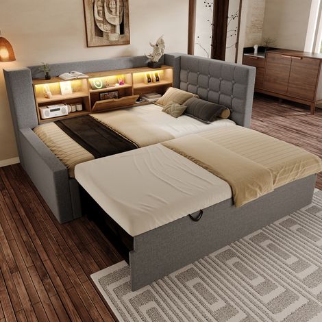 MODFU – Letto estraibile per bambini LED 90x200 cm in lino, legno e metallo con USB-C, vano contenitore, testiera reversibile, portata 200 kg e letto 90x190 cm – Grigio (1/5)