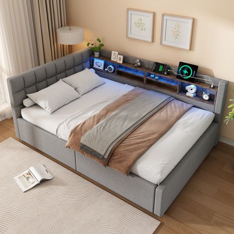 Lit banquette coffre avec rangement hydraulique 140x200cm,étagère,lit de jour avec LED dimmable et USB,lin et MDF,gris (1/5)