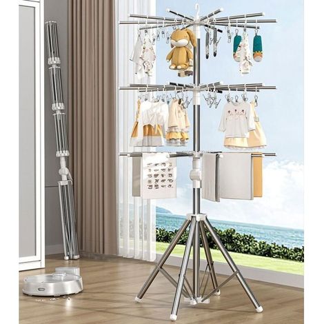Séchoir à linge pliable en métal avec pinces coupe-vent pour intérieur et extérieur, cintre à 3 niveaux pour couches et serviettes de bébé, support robuste pour balcon, buanderie et salle de séchage. (1/4)