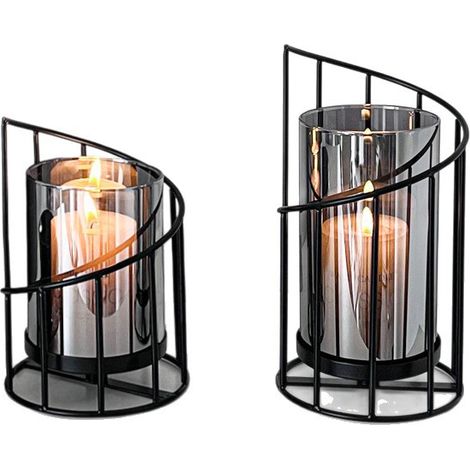 2pcs Photophores Noirs Modernes, Bougeoirs en Métal avec Cylindre en Verre pour Bougies Pilier, Décoration Élégante pour Salon, Table, Salle de Bain (1/5)