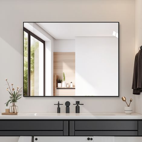 CHICFURN Specchio bagno 70x90 cm con cornice in alluminio nero, orizzontale o verticale (1/5)