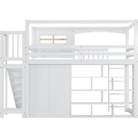 Cama litera infantil 90x200 cm con tobogán, armario y almacenaje, blanca (1/5)