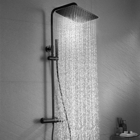 Görbach Duschsäule mit Thermostat Schwarz matt – XXL Regendusche rechteckig 35x25 cm – 38°C Sicherheitssperre – Anti-Fingerabdruck Oberfläche – Edelstahl