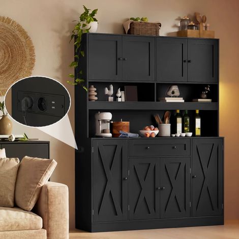 Design Rustique en MDF Buffet Vaisselier Cuisine avec Plan Passe-Câble et Tiroir pour Salle à Manger (1/5)