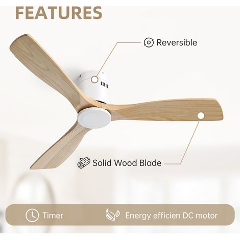 Ventilateur de plafond Sofucor CC - 3 pales en bois - Moteur réversible silencieux - Télécommande - Sans lumière - 132 cm - Blanc-jaune — vue 3