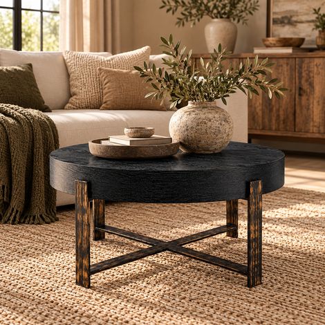 Table basse ronde Ø 68 cm, style vintage industriel, noir aspect bois, plateau 9,6 cm, cadre en métal avec renfort croisé, noir-or (1/5)