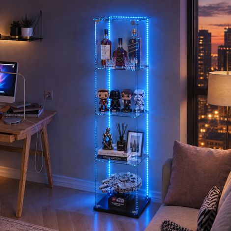 JOOKGBD-Glasvitrine,1 Tür vitrinenschrank 4 Regalen,mit Schloss und LED,Sammlerstücke Glasvitrine,Bücherregal aus Glas,Vertikale Glasvitrine,für Wohnzimmer Schlafzimmer Büro,Lampenkugel-Stil,Schwarz (1/5)
