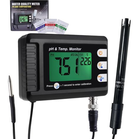2-in-1 pH- und Temperaturtester, 0–14 pH, automatische Kalibrierung, Bnc-Elektrodensonde für hydroponisches pH-Messgerät für Aquarium, Wasserlabor, Lebensmittel, Trinkwasser (1/5)