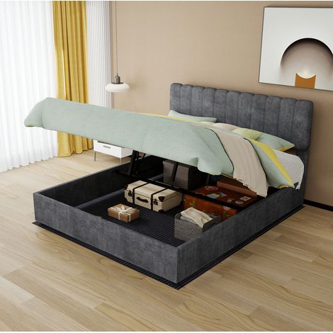 Lit capitonné moderne 160 x 200 cm gris avec tête de lit haute et matelas inclus (1/5)