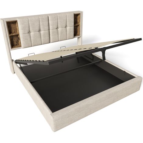 Cama con almacenaje 160x200 cm con carga inalámbrica USB-C cabecero de lino natural (1/5)