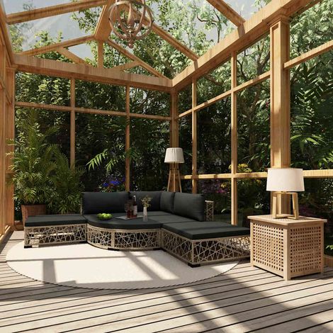 Salon de jardin 6 pcs Ensemble Table et Chaise de Jardin - avec coussins Résine tressée Gris BV450867 - BonneVie (1/5)